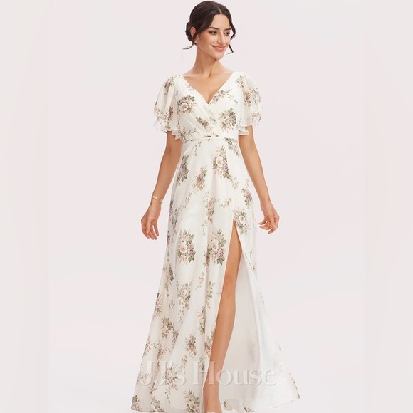 A-line V-Neck Floor-Length Chiffon Dress With Flower - Picture 7 of 10